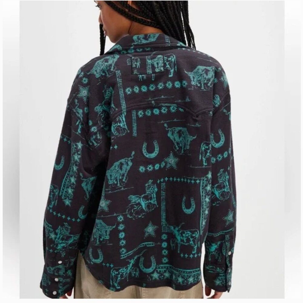 Free People "We the Free" Calico Western Print Flannel Shirt Charcoal Combo - Picture 4 of 9